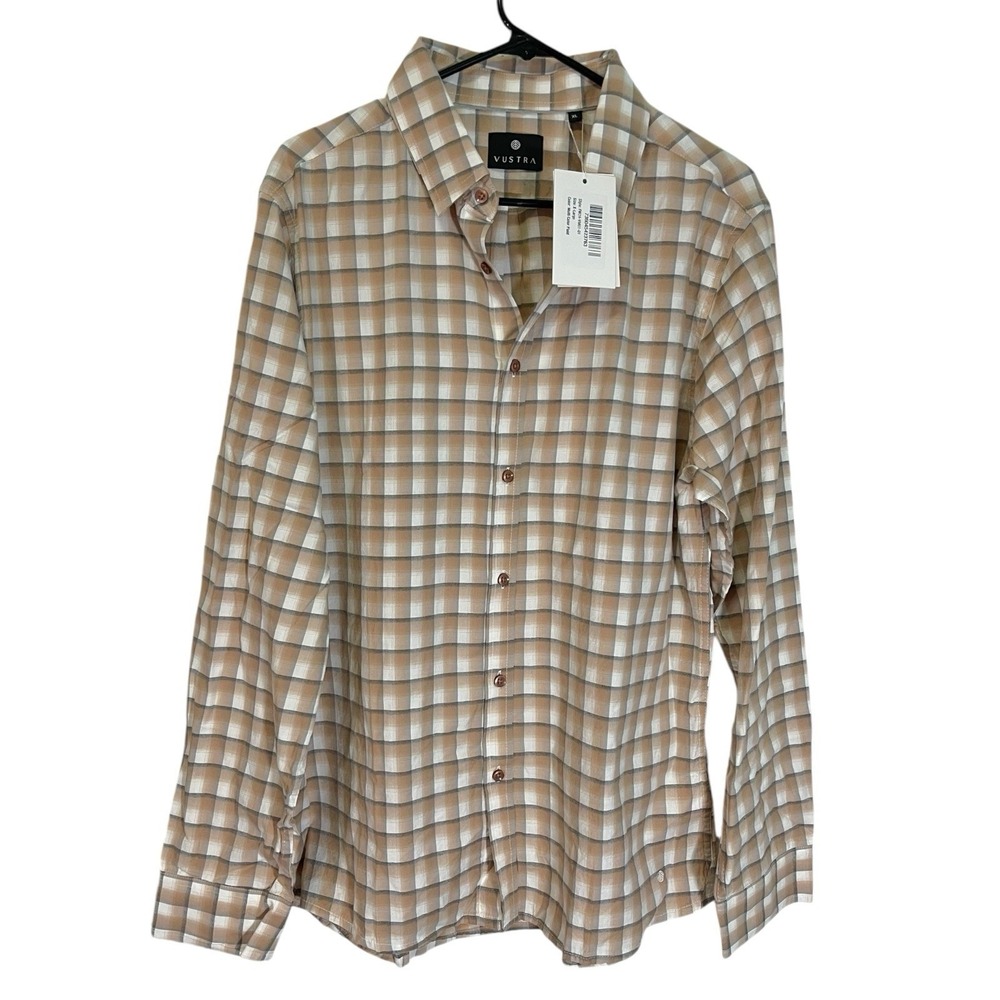 NEW‎ Vustra XL Brown/Gray Check Shirt Long Sleeve 100% Organic Cotton Business